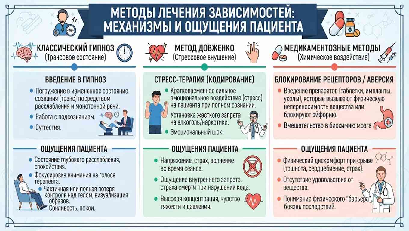 Инфографика сравнения методов лечения зависимостей: классический гипноз, метод Довженко и медикаментозное воздействие — механизмы и ощущения пациента.